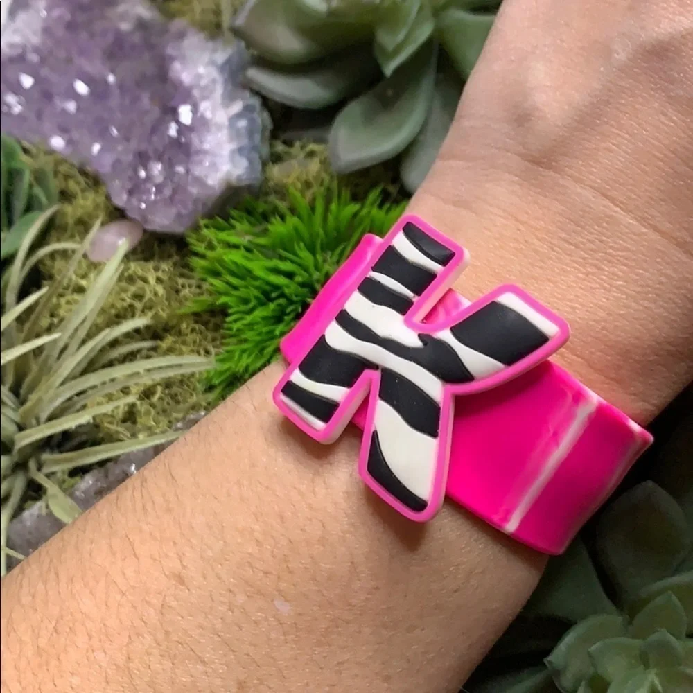 Rubber Slap Bracelet Letter K Zebra Hot Pink 80s Accessory